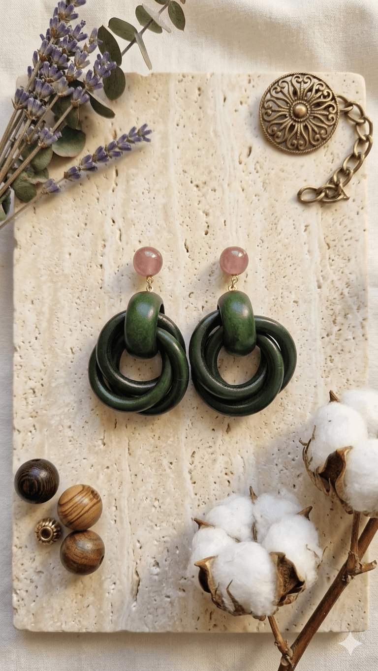 Natural Wood Ring Drop Earrings with Gemstone Accent - 이미지 2