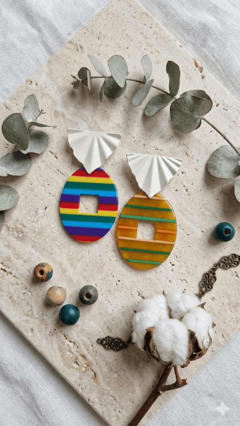 Rainbow Stripe Oval Drop Earrings - 이미지 1