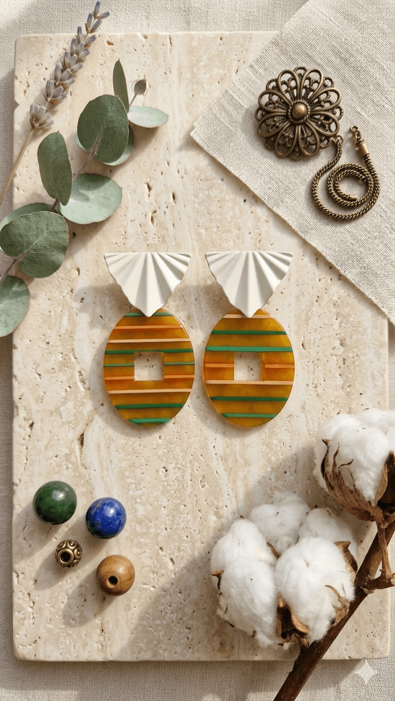 Rainbow Stripe Oval Drop Earrings - 이미지 3