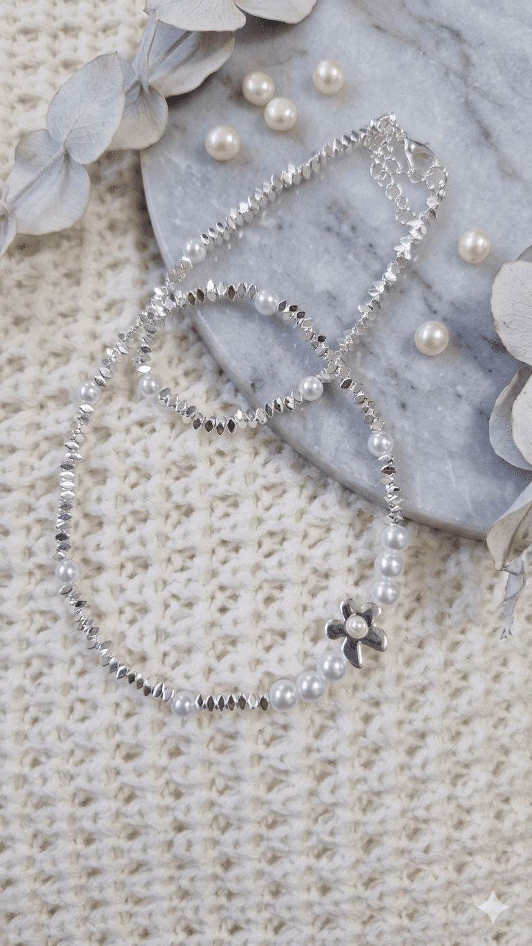 Pearl Point Silver Bead Flower Necklace - 이미지 2