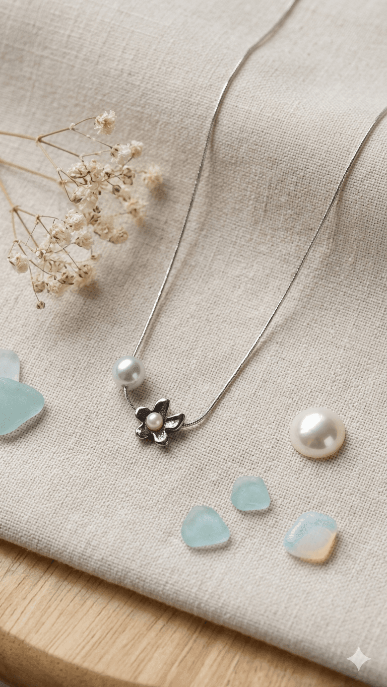 Flower Pendant Pearl Silver Chain Necklace - 이미지 2