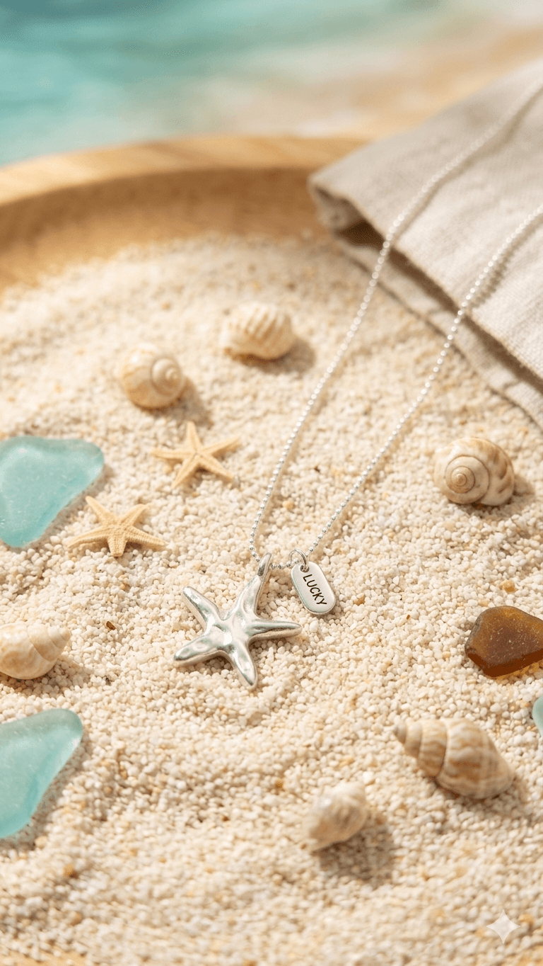 Blue Bead Starfish Layered Necklace - 이미지 2