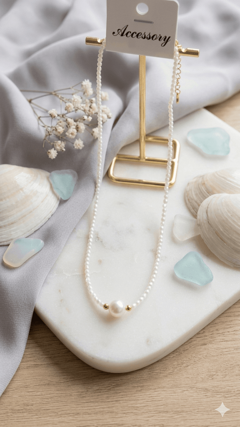 Mini Bead Pearl Point Gold Chain Necklace - 이미지 1