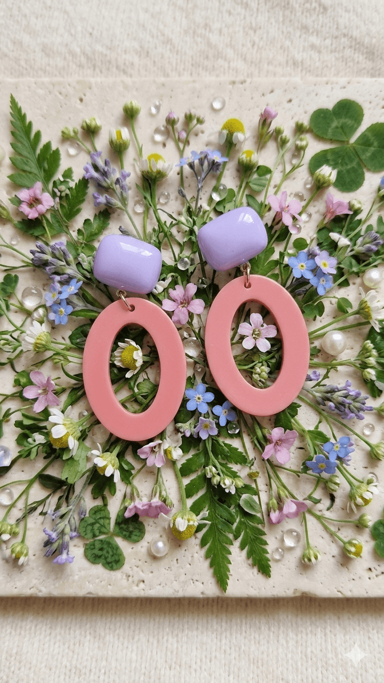 Pastel Square Oval Ring Drop Earrings - 이미지 3