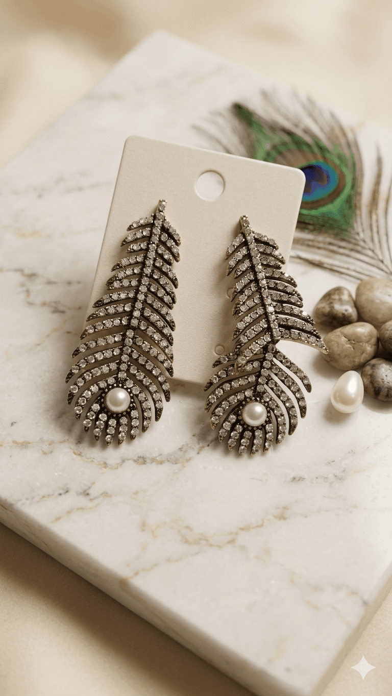 Vintage Feather Cubic Pearl Drop Earrings - 이미지 2