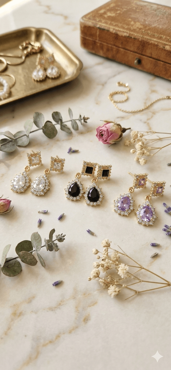 Square Stone Drop Cubic Earrings - 이미지 1