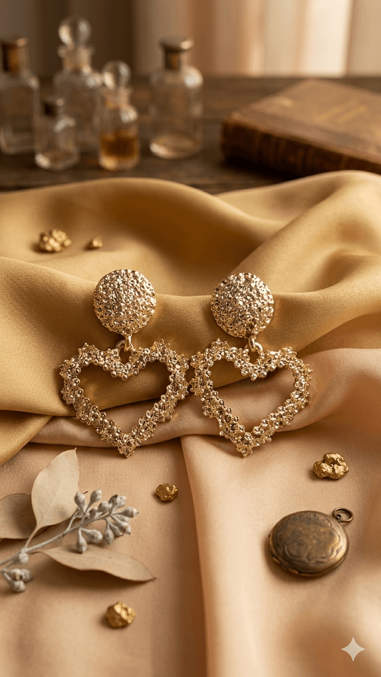 Gold Textured Heart Drop Earrings - 이미지 2