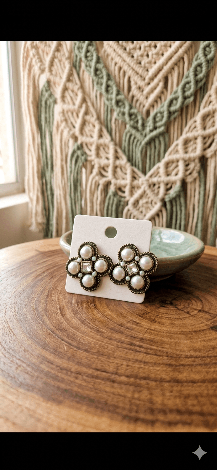 Vintage Flower Pearl Cubic Stud Earrings - 이미지 2