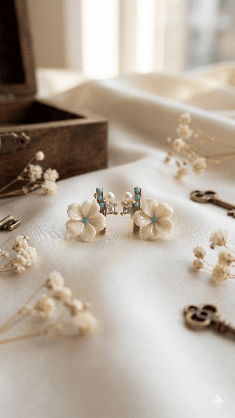 Flower Pearl Cubic Mini Earrings - 이미지 3