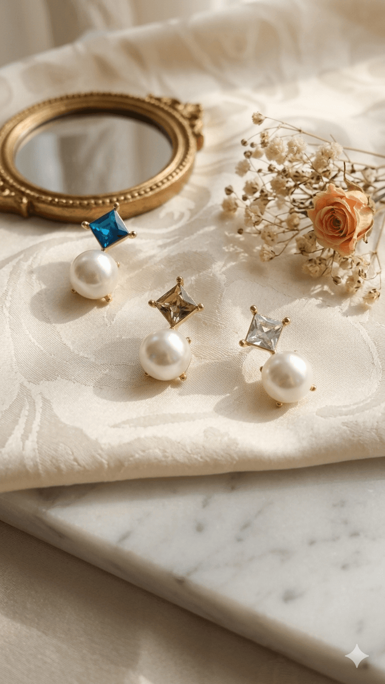 Square Cubic Pearl Drop Stud Earrings - 이미지 1