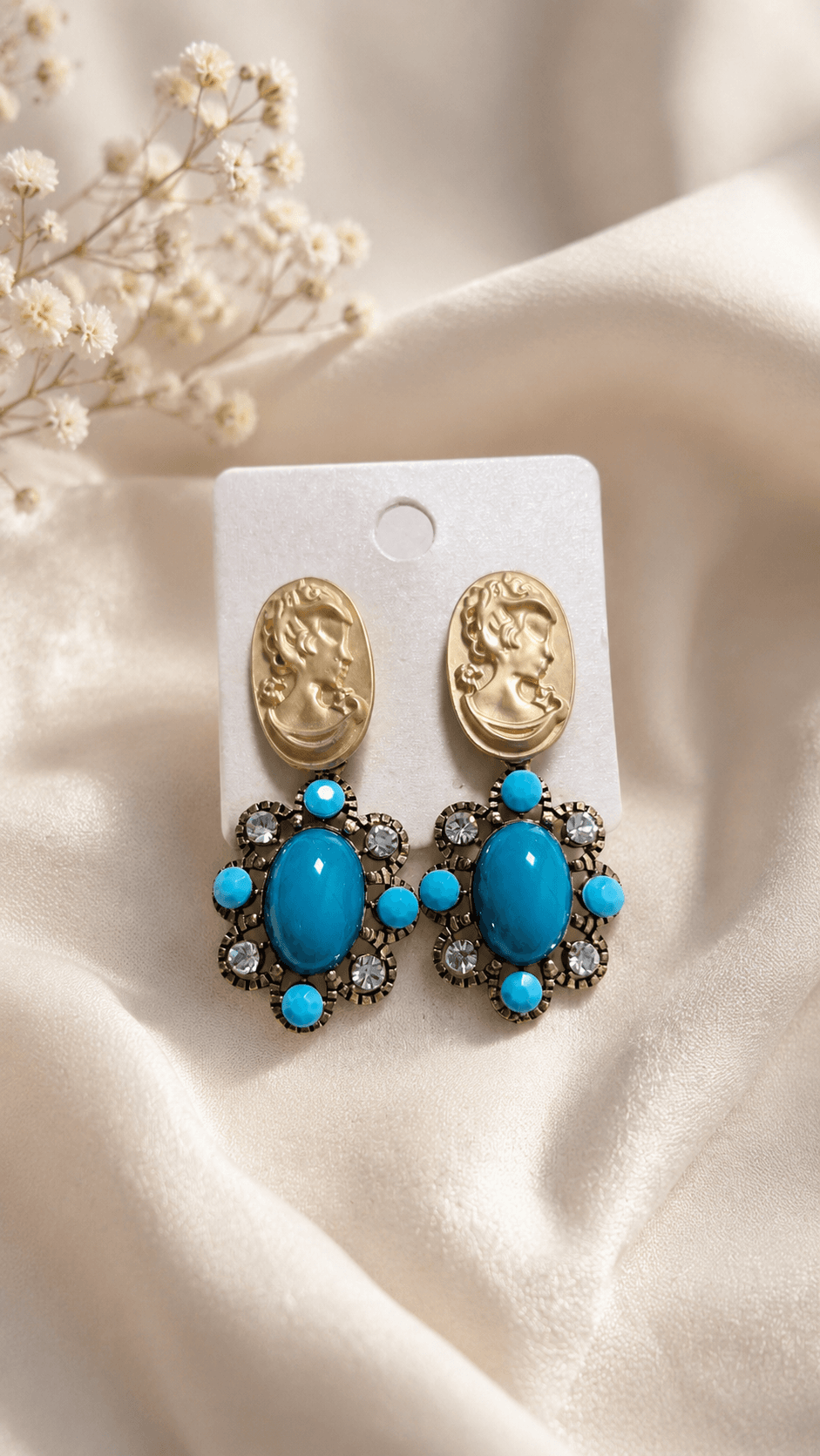 Vintage Cameo Cubic Drop Earrings - 이미지 1