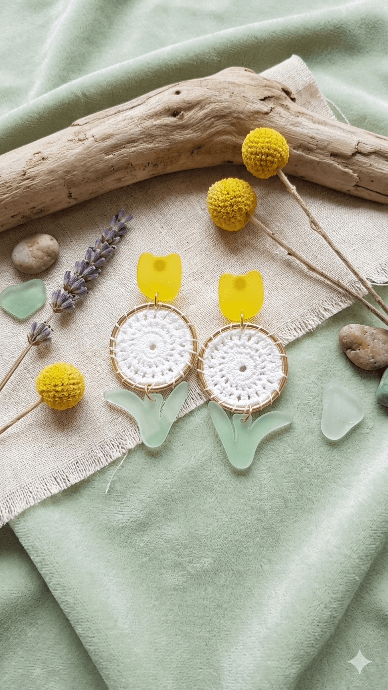 Flower Knitting Round Drop Earrings - 이미지 2