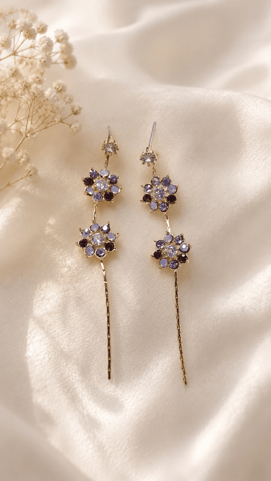 Purple Flower Cubic Long Drop Earrings - 이미지 1
