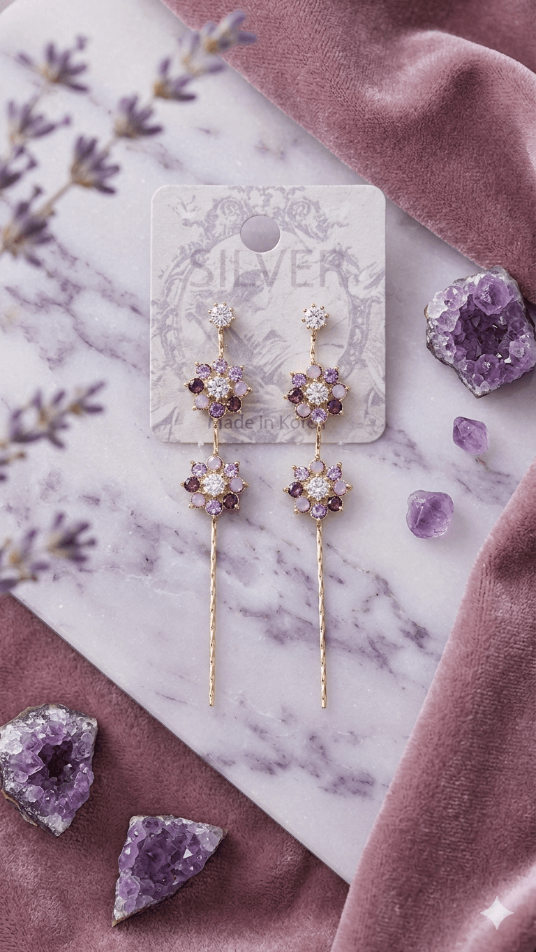 Purple Flower Cubic Long Drop Earrings - 이미지 2