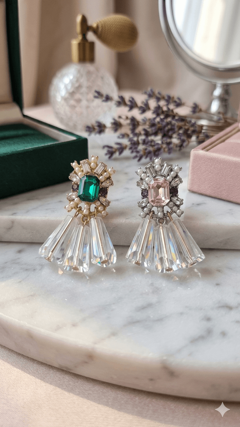 Colored Stone Pearl Crystal Chandelier Earrings - 이미지 1
