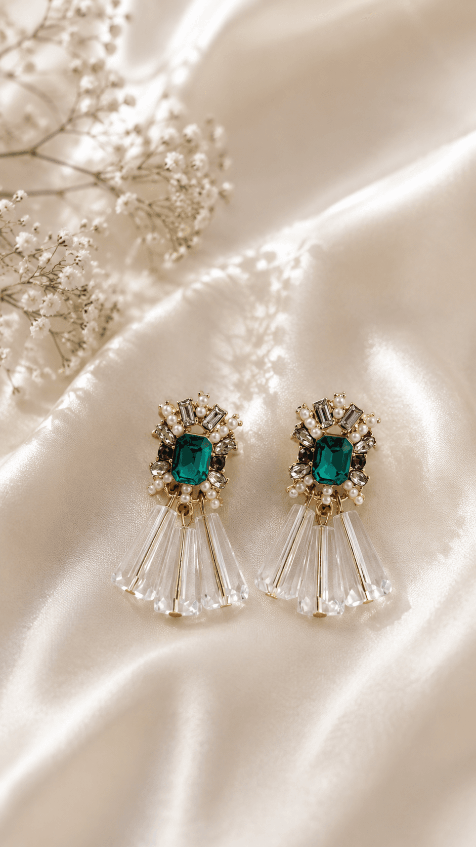 Colored Stone Pearl Crystal Chandelier Earrings - 이미지 2