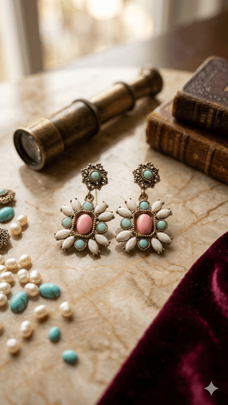 Vintage Flower Stone Drop Earrings - 이미지 3
