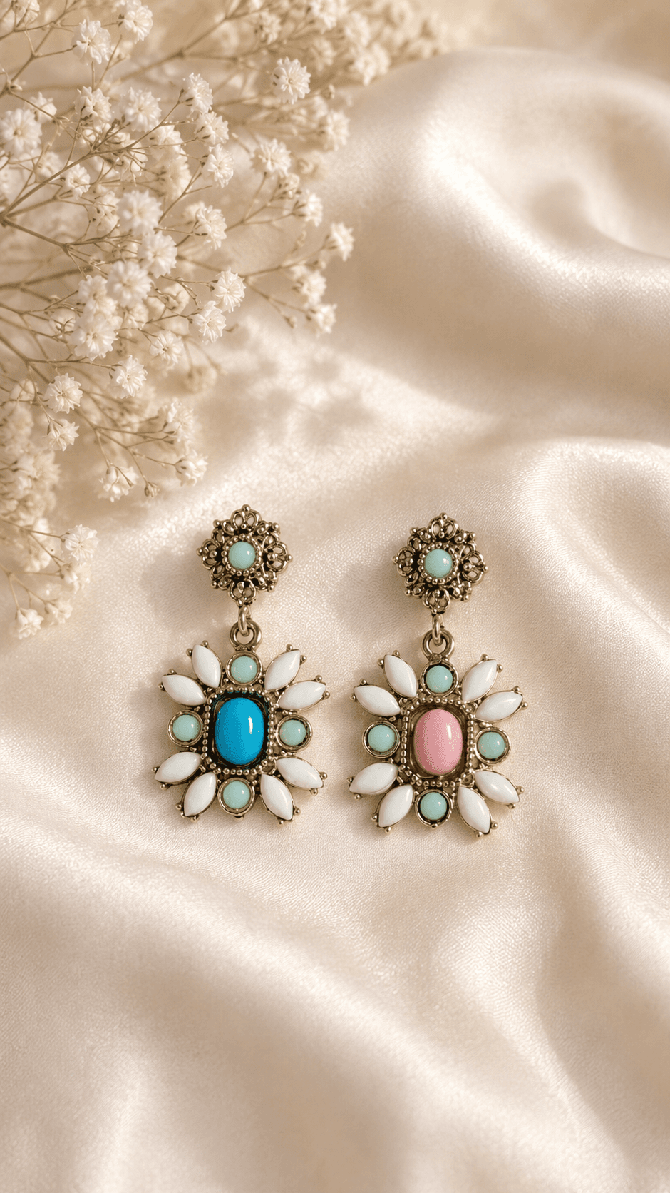 Vintage Flower Stone Drop Earrings - 이미지 1