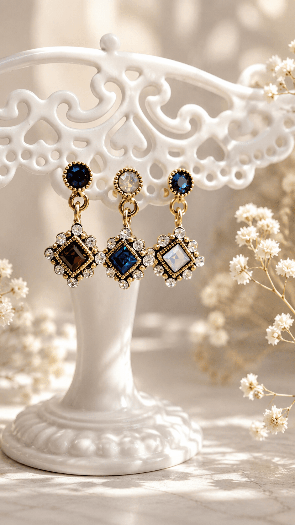 Antique gold frame square cubic drop earrings - 이미지 1