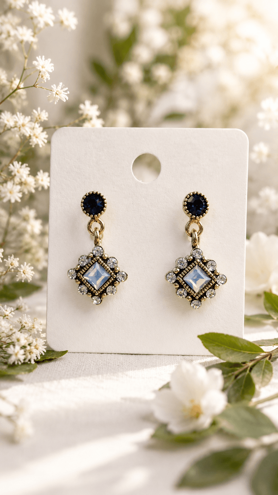 Antique gold frame square cubic drop earrings - 이미지 2