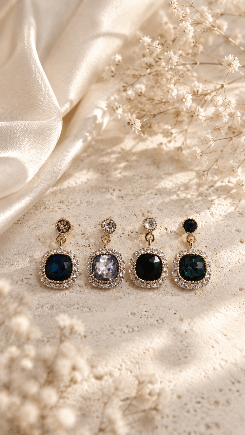 Cubic-rimmed square colored stone drop earrings - 이미지 1