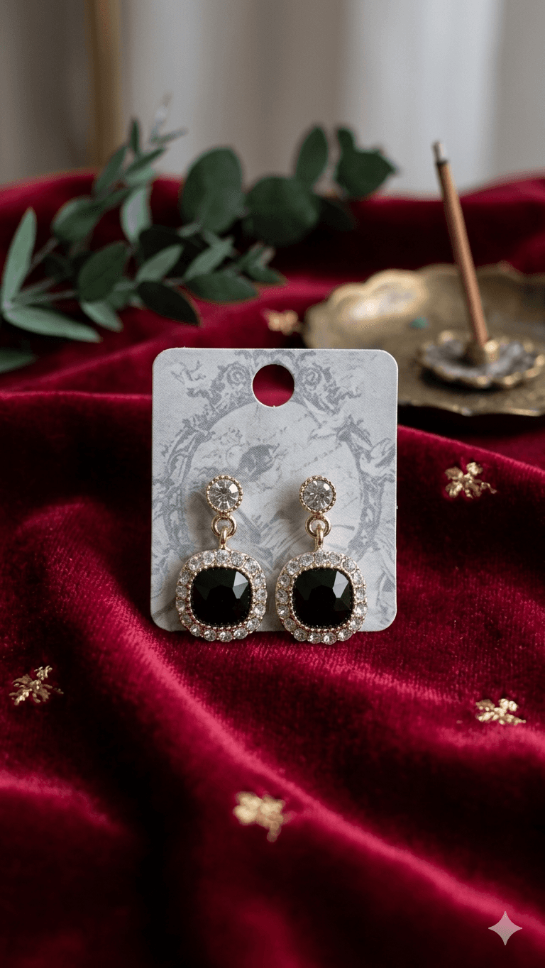 Cubic-rimmed square colored stone drop earrings - 이미지 3