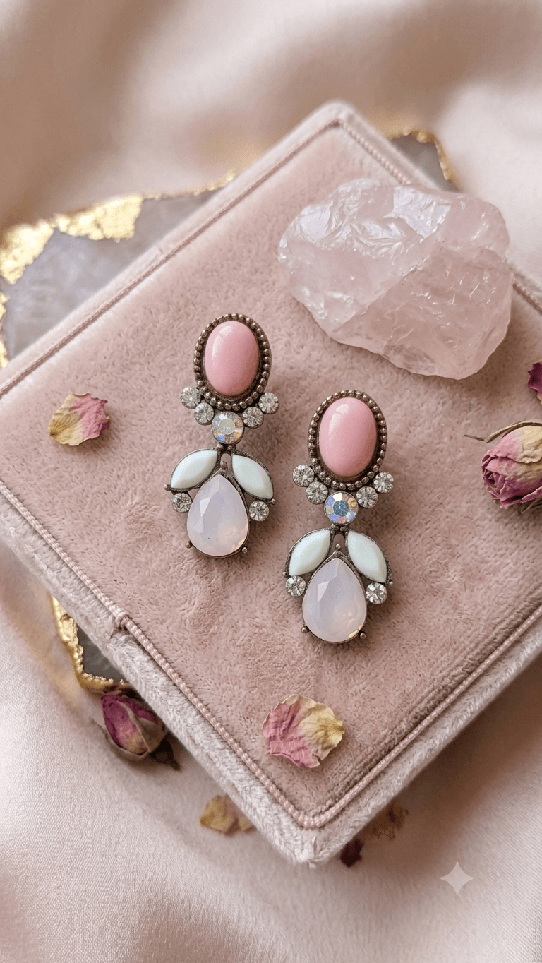 Colored Oval Stone Drop Earrings - 이미지 3