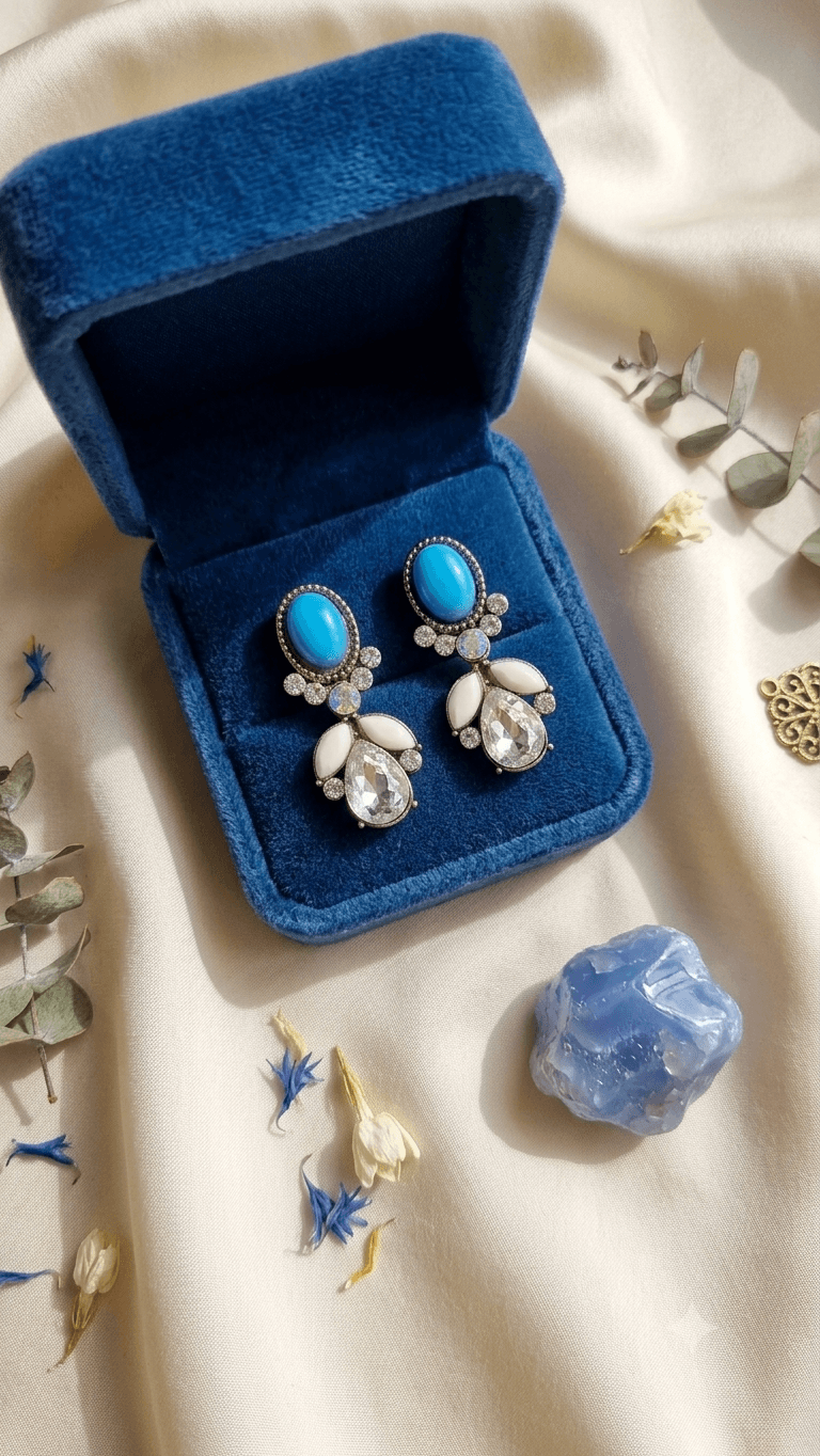 Colored Oval Stone Drop Earrings - 이미지 2