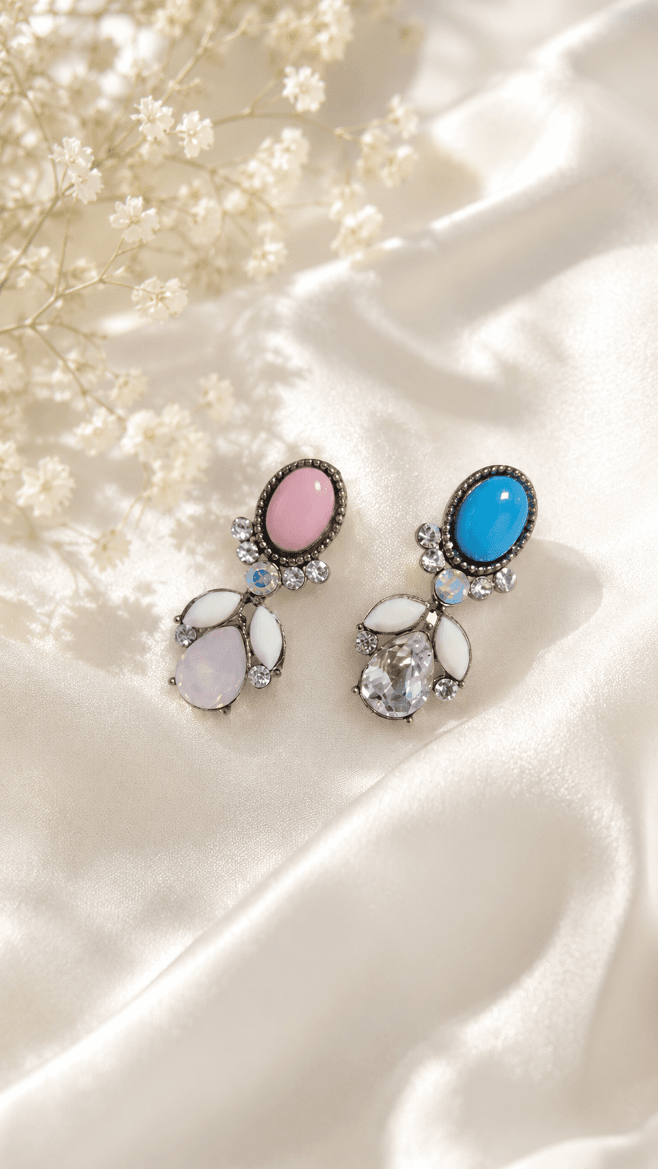 Colored Oval Stone Drop Earrings - 이미지 1