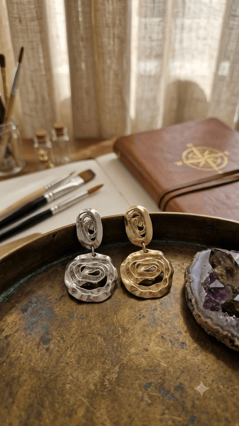 Vintage Textured Double Ring Drop Earrings - 이미지 1