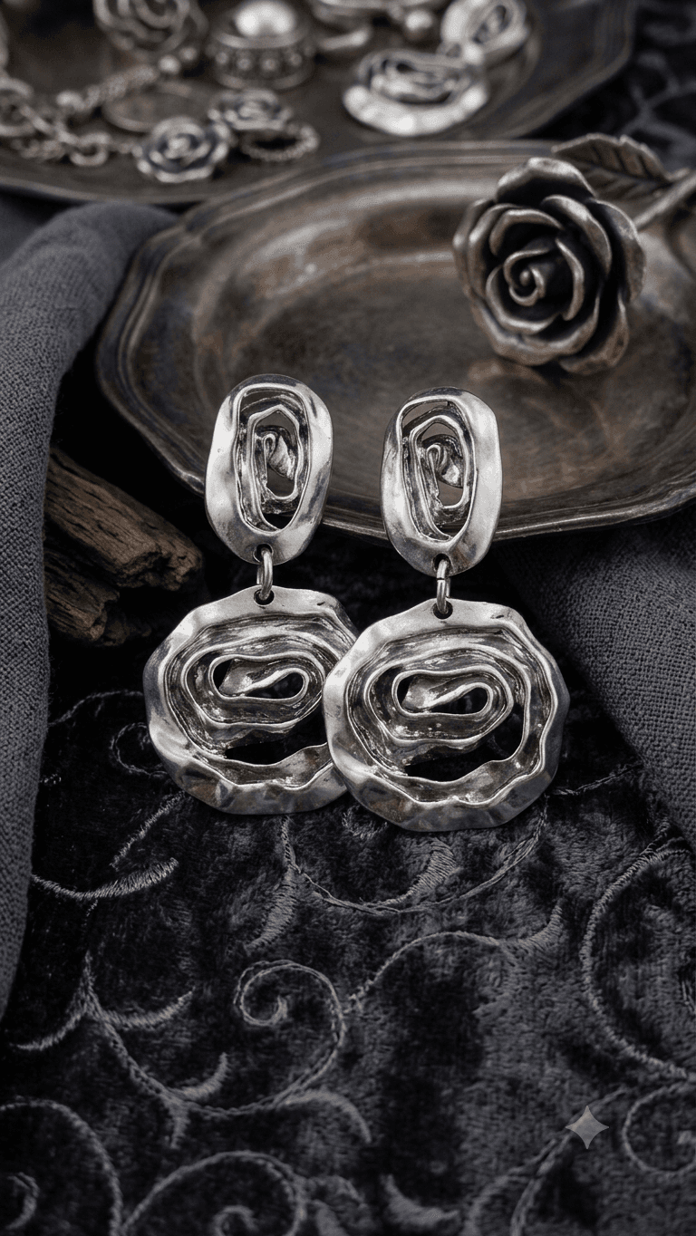 Vintage Textured Double Ring Drop Earrings - 이미지 3