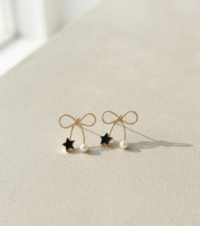 [Silver 925] Romantic Ribbon Star Crystal Pearl Point Silver Stud Earrings 132 - 이미지 4