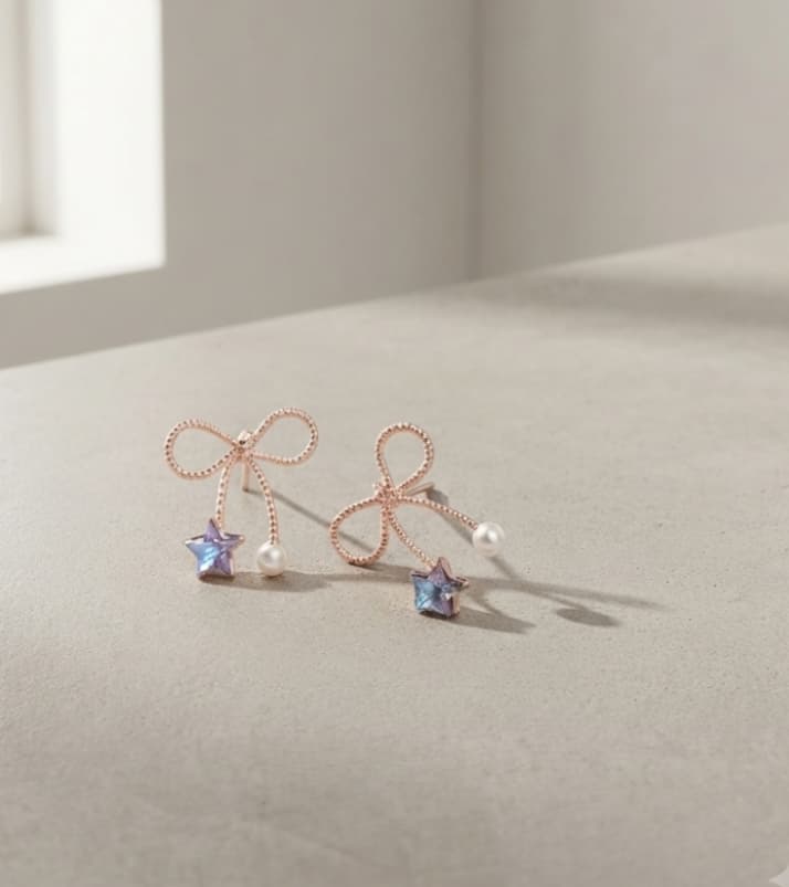 [Silver 925] Romantic Ribbon Star Crystal Pearl Point Silver Stud Earrings 132 - 이미지 5
