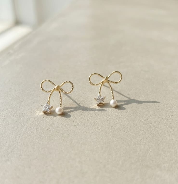 [Silver 925] Romantic Ribbon Star Crystal Pearl Point Silver Stud Earrings 132 - 이미지 3