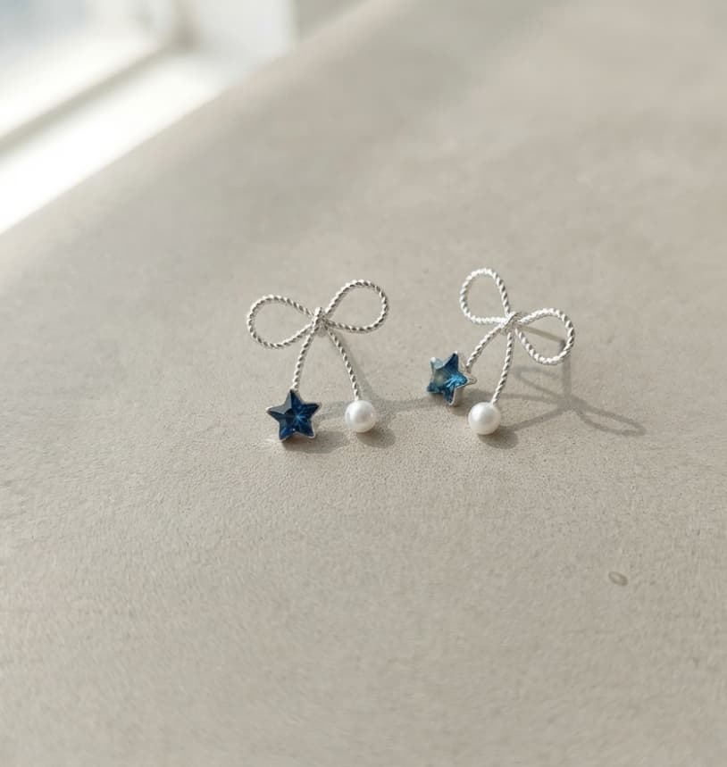 [Silver 925] Romantic Ribbon Star Crystal Pearl Point Silver Stud Earrings 132 - 이미지 1