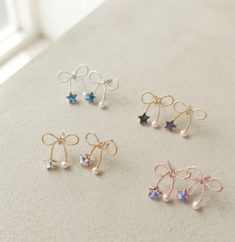 [Silver 925] Romantic Ribbon Star Crystal Pearl Point Silver Stud Earrings 132 - 이미지 2