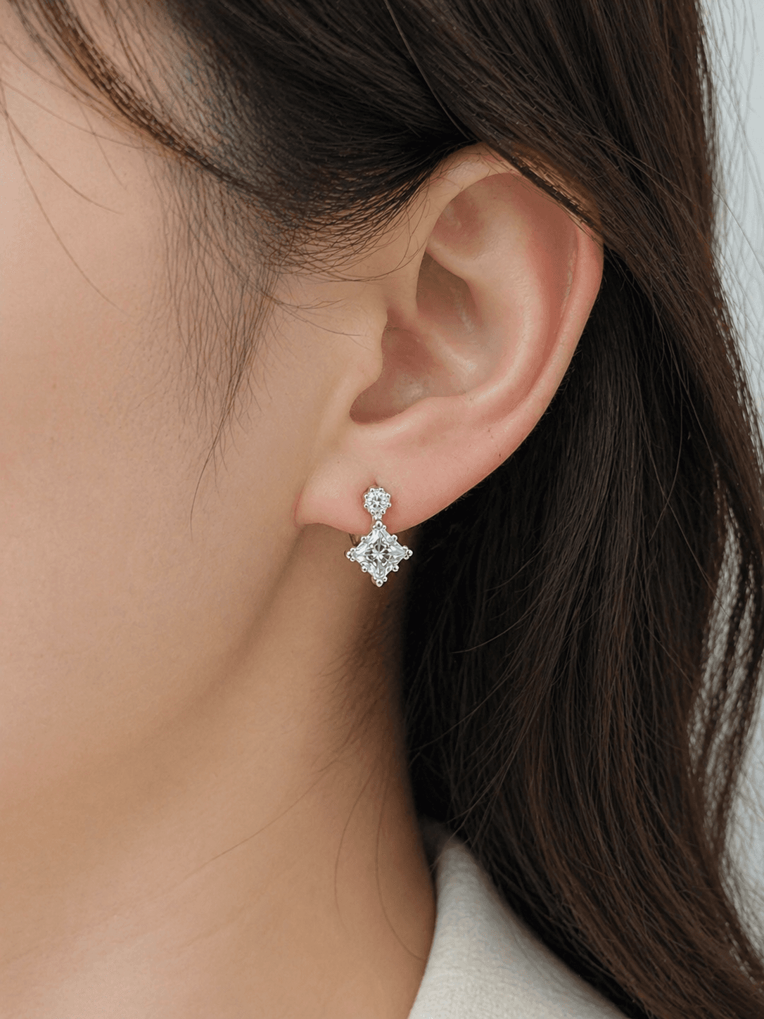 Silver 925 Square Cubic One-Touch Earrings - 이미지 1