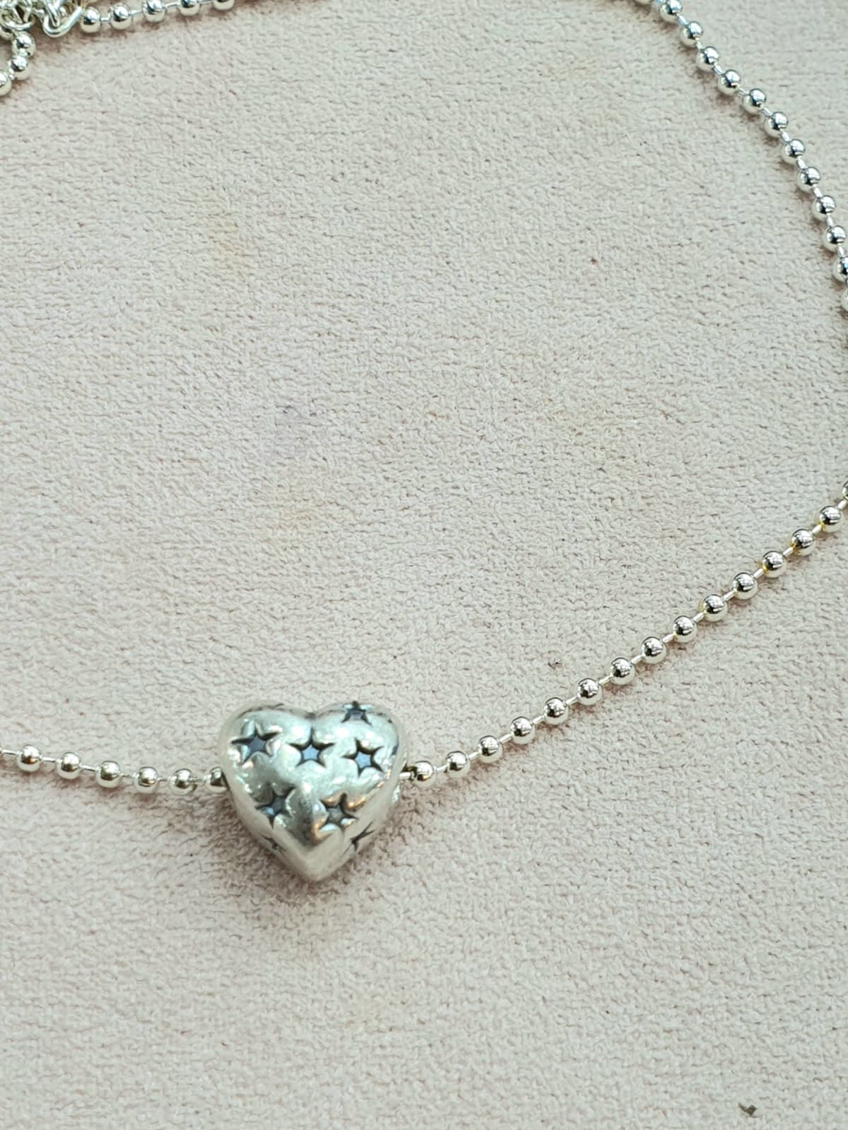 Silver 925 Star Engraved Heart Pendant Ball Chain Necklace - 이미지 1