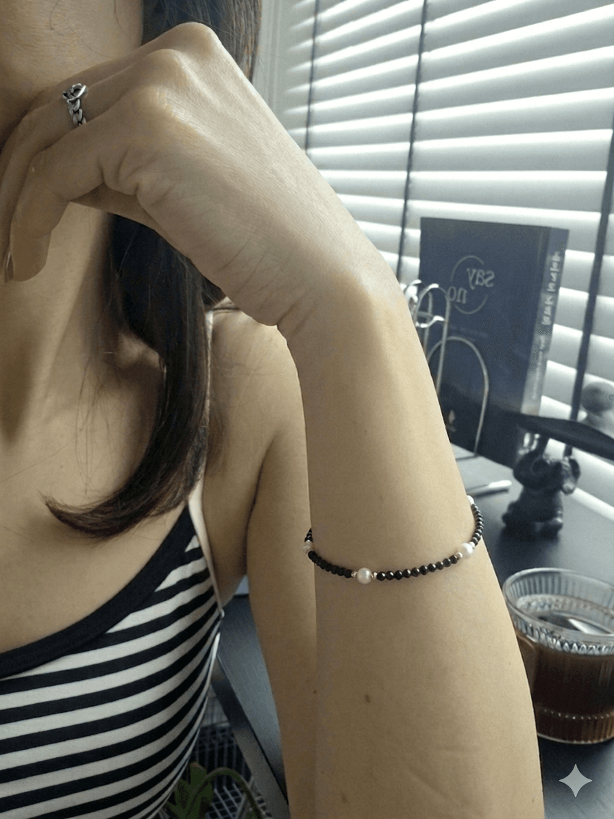 Surgical Steel Black Beaded Pearl Accent Bracelet - 이미지 5