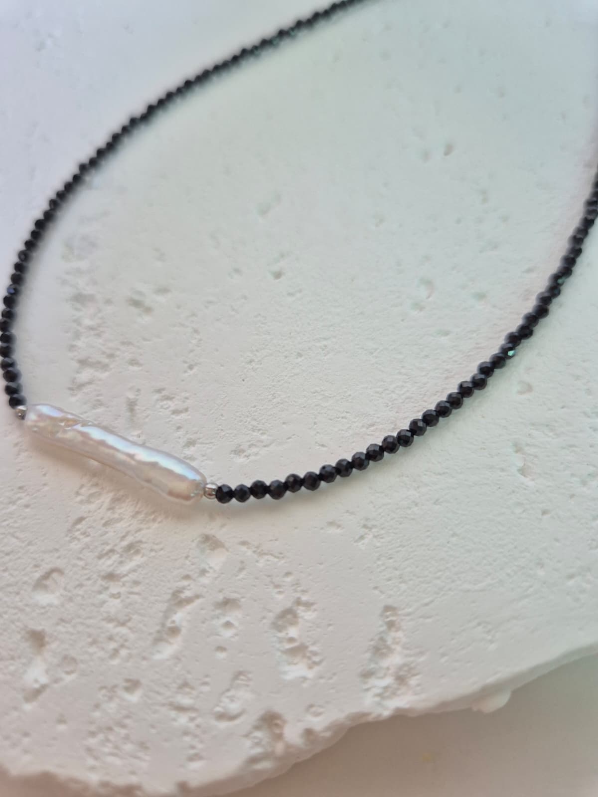 Surgical Steel Black Gemstone Bead Bar Freshwater Pearl Choker Necklace - 이미지 6