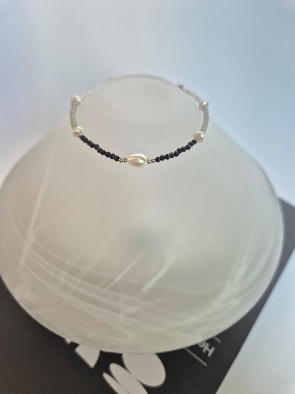 Surgical Steel Black Gray Gemstone Bead Pearl Point Chain Layered Bracelet - 이미지 2