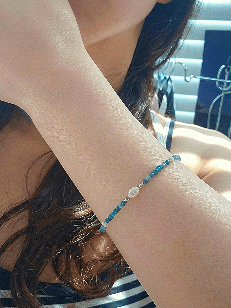 Surgical Steel Blooming Blue Gemstone Pearl Point Bead Layered Bracelet - 이미지 6