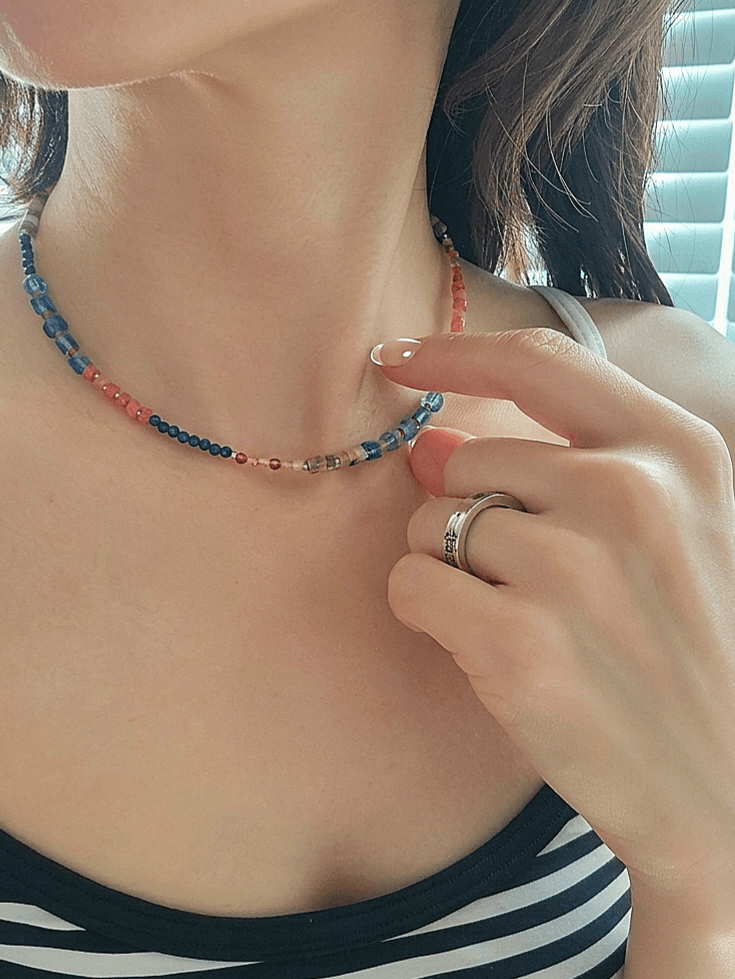 Surgical Steel Mix Color Bead Gemstone Choker Summer Layered Necklace - 이미지 3