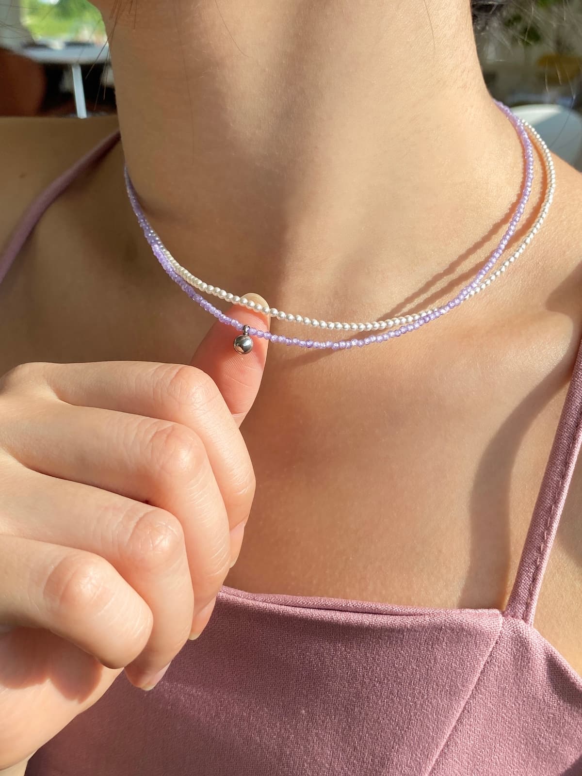 Surgical Lilac White Two-Tone Beaded Layered Pearl Necklace - 이미지 1