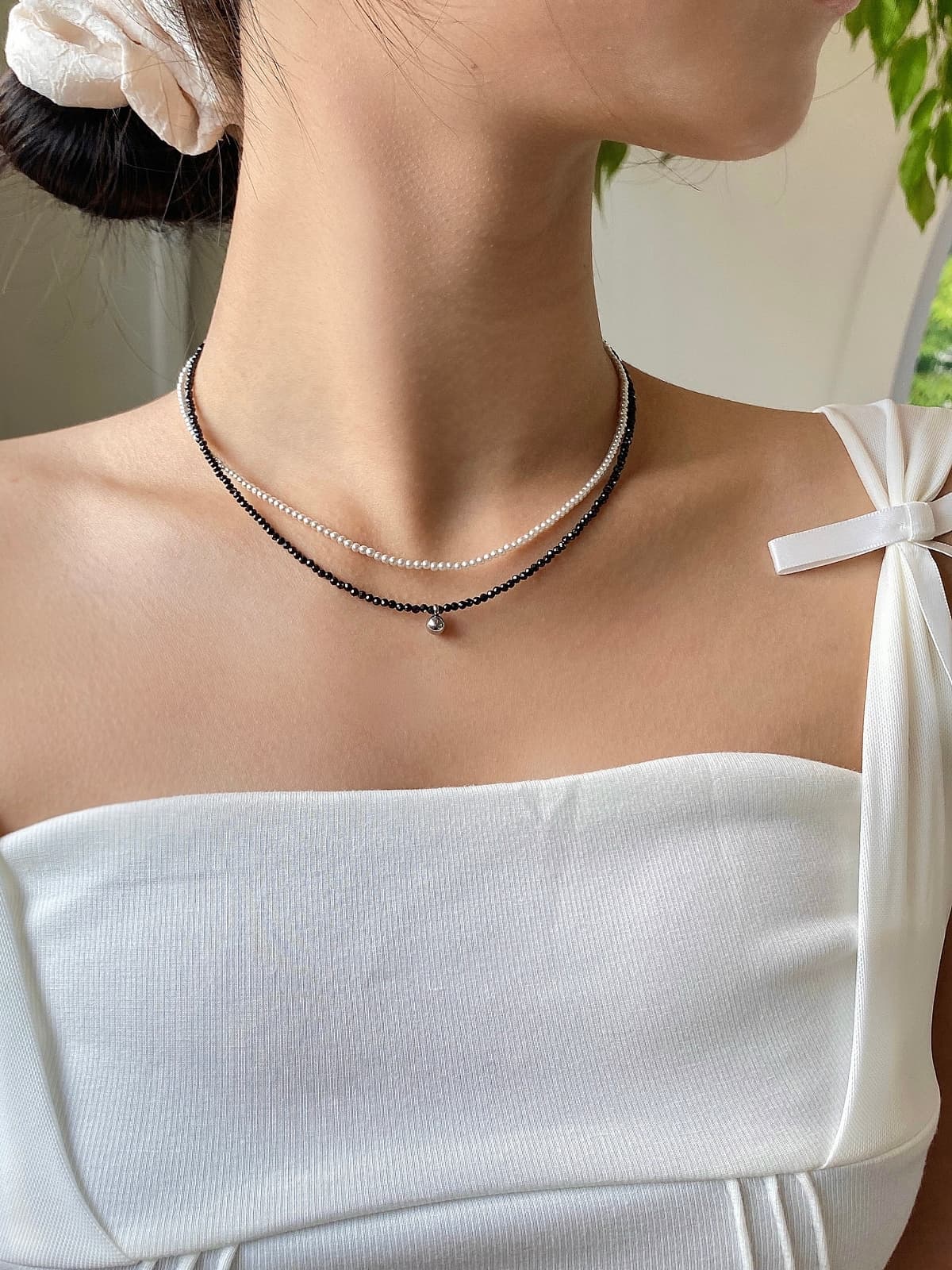 Surgical Multi-Black Gemstone Bead Pearl Layered Choker Necklace - 이미지 7