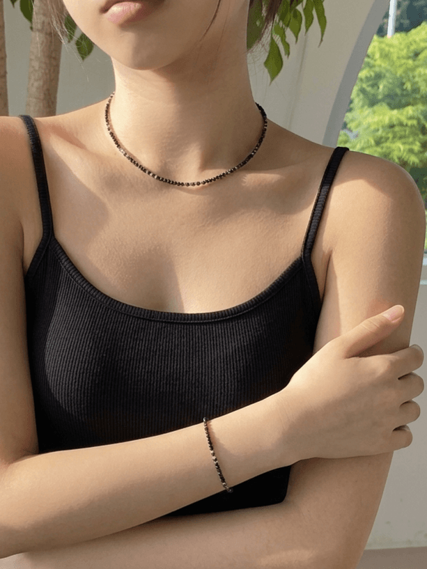 Surgical Black Gemstone Beaded Choker Layered Daily Necklace - 이미지 4