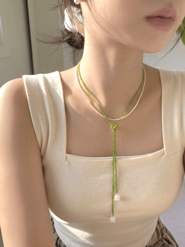 Green Bead Flower Drop Glass Pearl Layered Necklace - 이미지 1