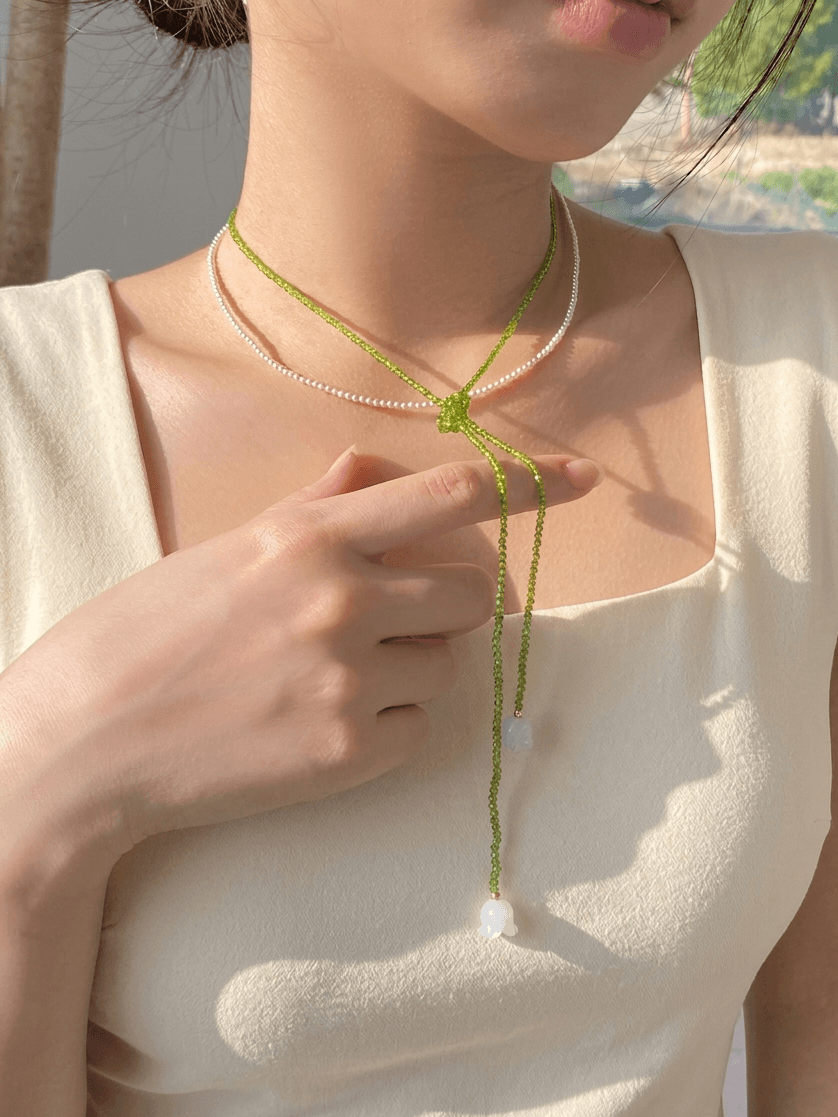 Green Bead Flower Drop Glass Pearl Layered Necklace - 이미지 5