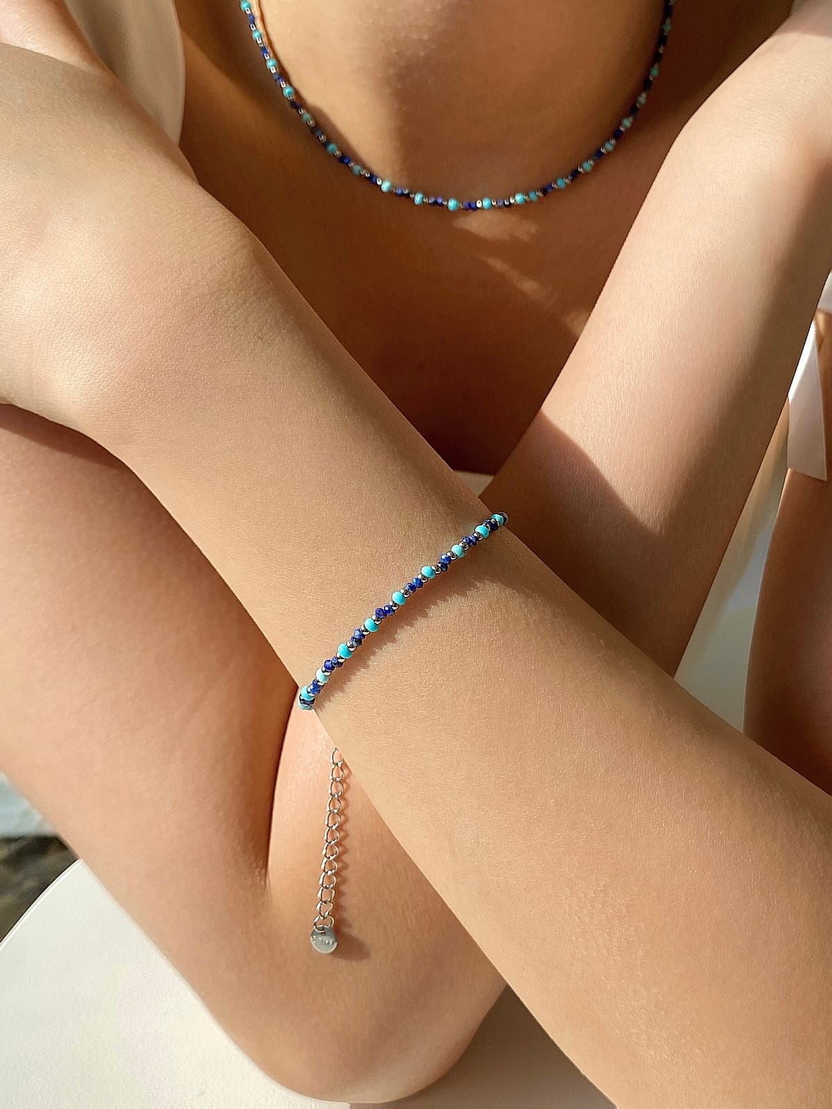 Surgical Blue Mint Gemstone Beaded Choker Layered Daily Bracelet - 이미지 1