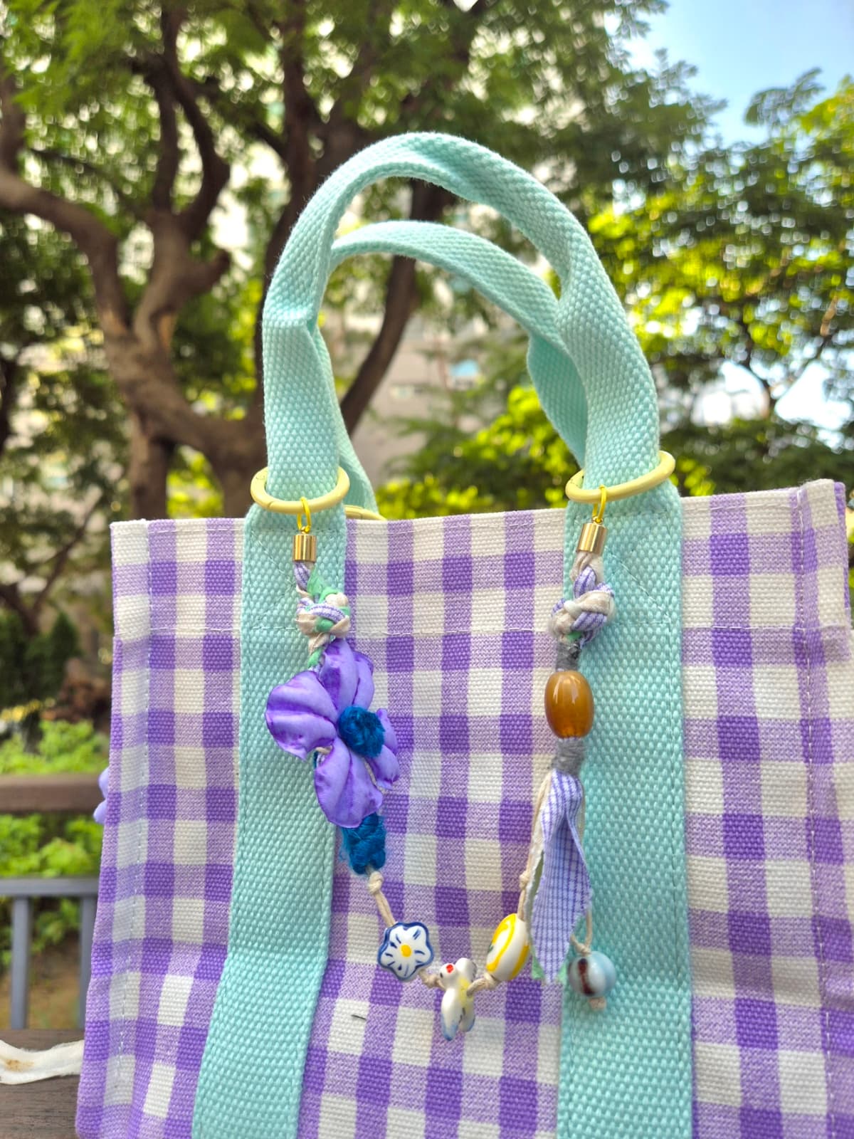 Handmade Purple Flower Bag Charm Bag Accessory Strap Keyring Keyholder - 이미지 3